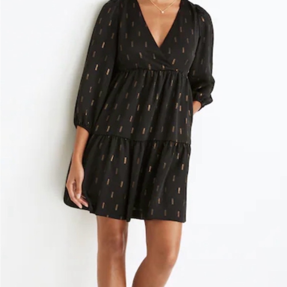 Madewell Metallic Jacquard Faux-Wrap Tiered Mini Dress